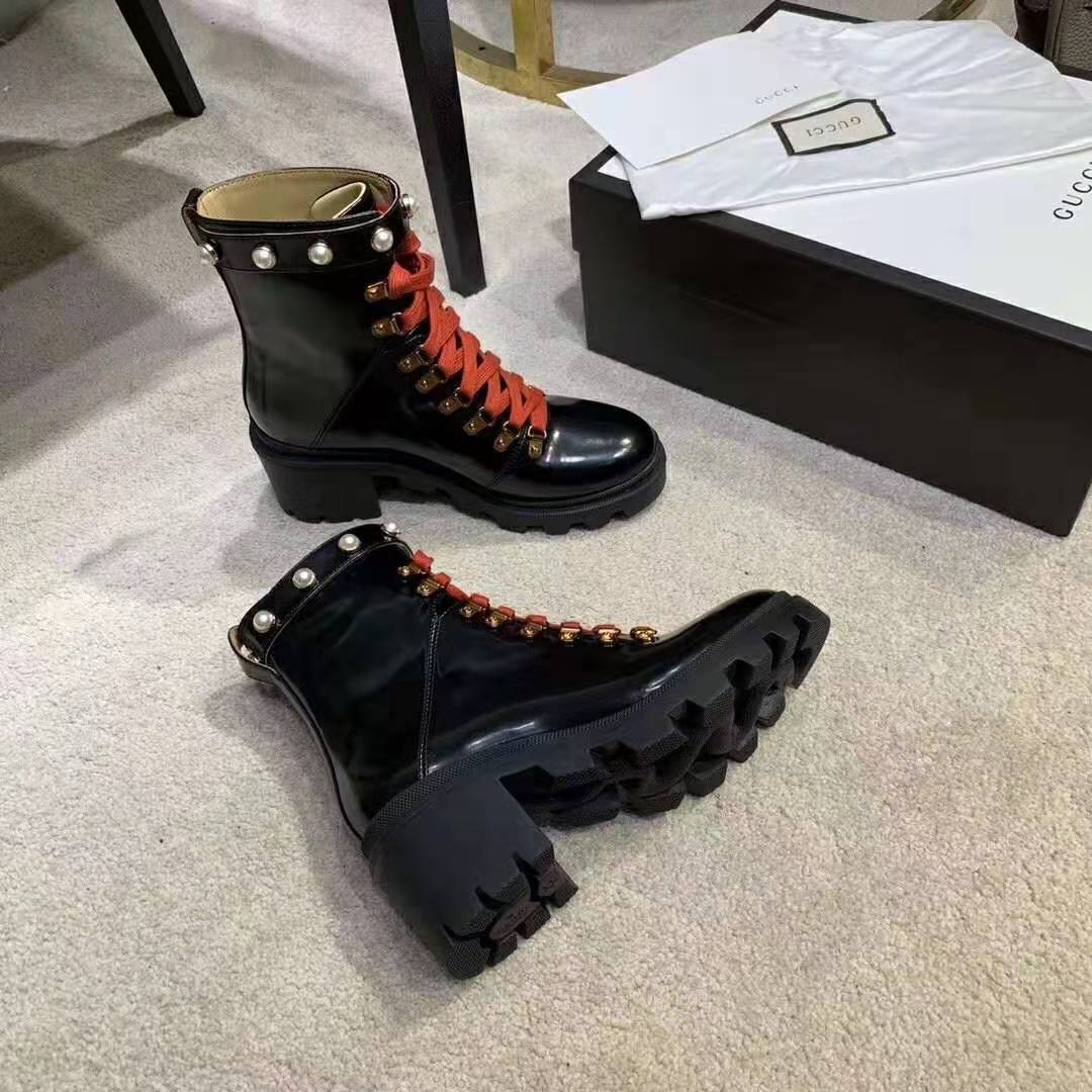 Gucci Women Leather Ankle Boot with Red Laces in Black Shiny Leather