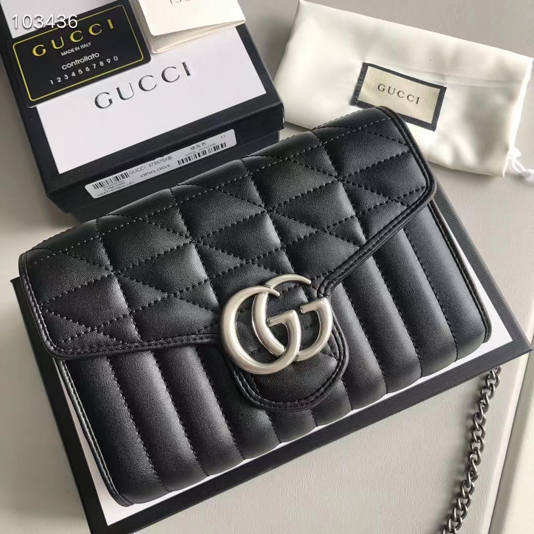 Gucci Women GG Marmont Matelassé Mini Bag Black Leather Double G