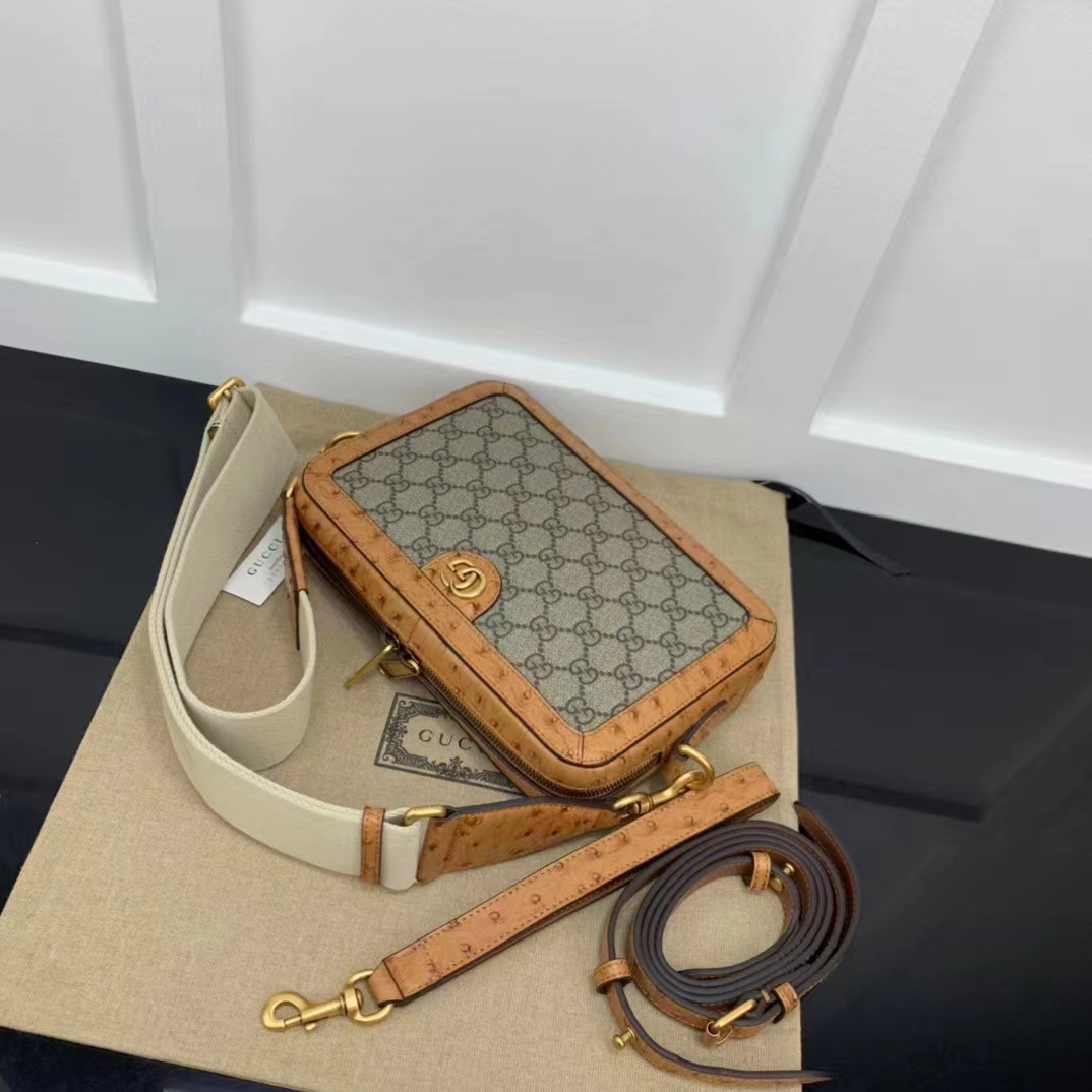Gucci Unisex GG Python Shoulder Bag Double G Beige Ebony GG Supreme Canvas
