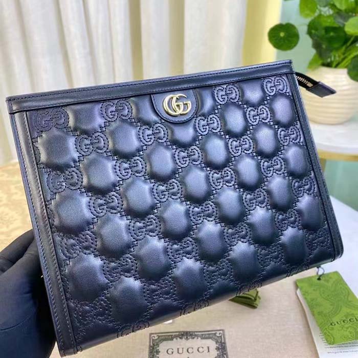 Gucci Unisex GG Matelassé Pouch Black GG Matelassé Leather Double G