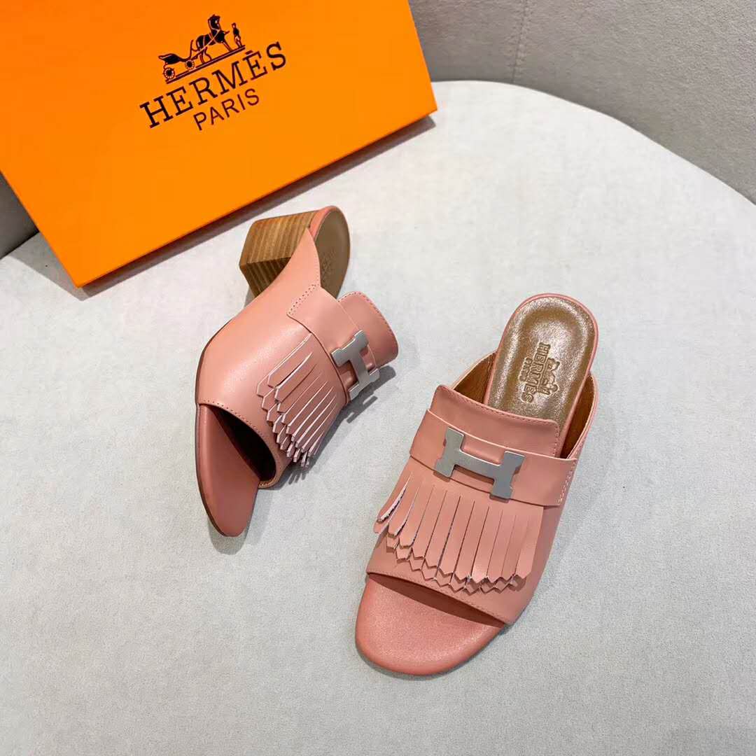 Hermes Women Alma Sandal Goatskin with Fringe Detail-Pink