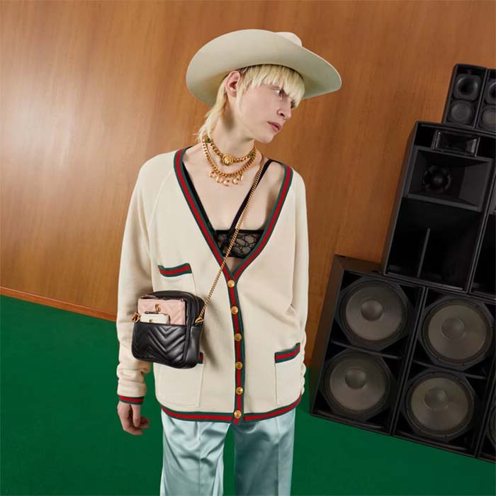 Gucci Women GG Double G Multi-Use Mini Bag Black Pink White Chevron Matelassé Leather