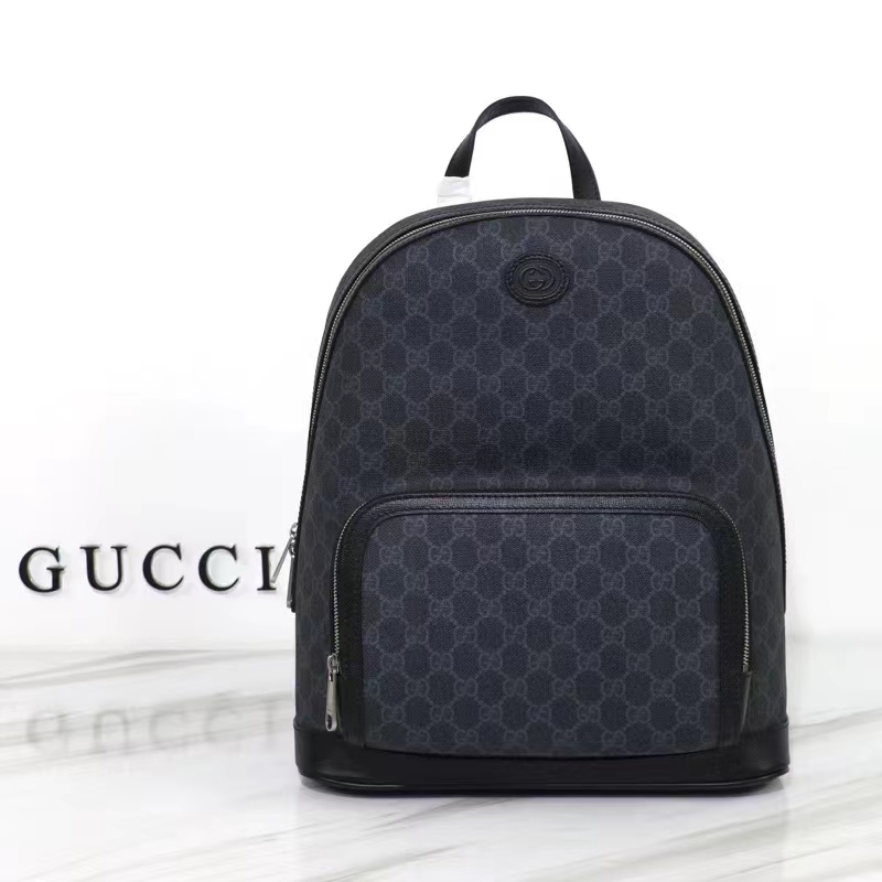 Gucci Unisex Backpack Interlocking G Black GG Supreme Canvas Leather Top Handle