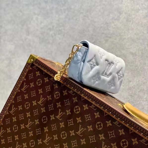 Louis Vuitton LV Women Wallet On Strap Bubblegram Blue Monogram Embroidered Quilted Calf