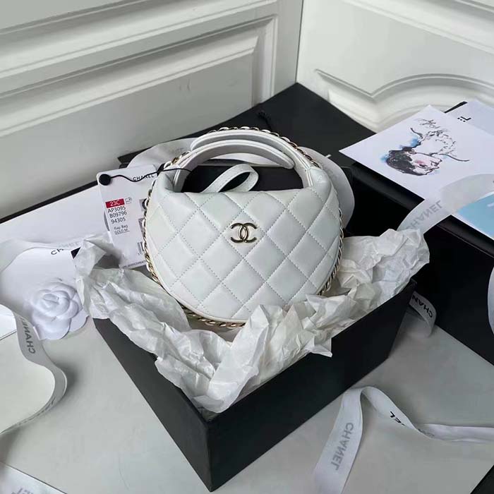 Chanel Women CC Small Flap Hobo Bag Grained Calfskin Gold Tone Metal White