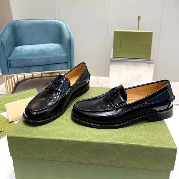 Gucci Unisex GG Interlocking G Loafer Black Leather Sole Flat 1.5 CM Heel
