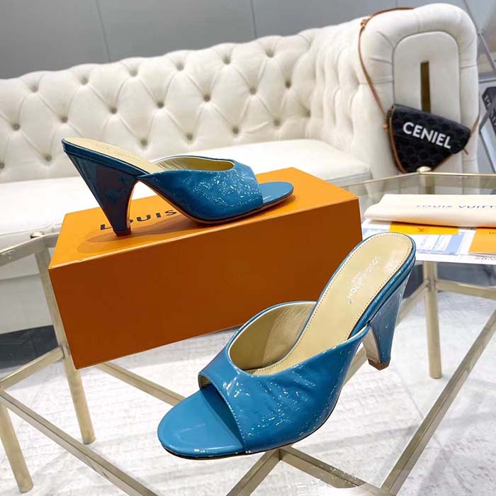 Louis Vuitton LV Women Super Mule Azure Blue Monogram-Debossed Patent Calf Leather 10 CM Heel