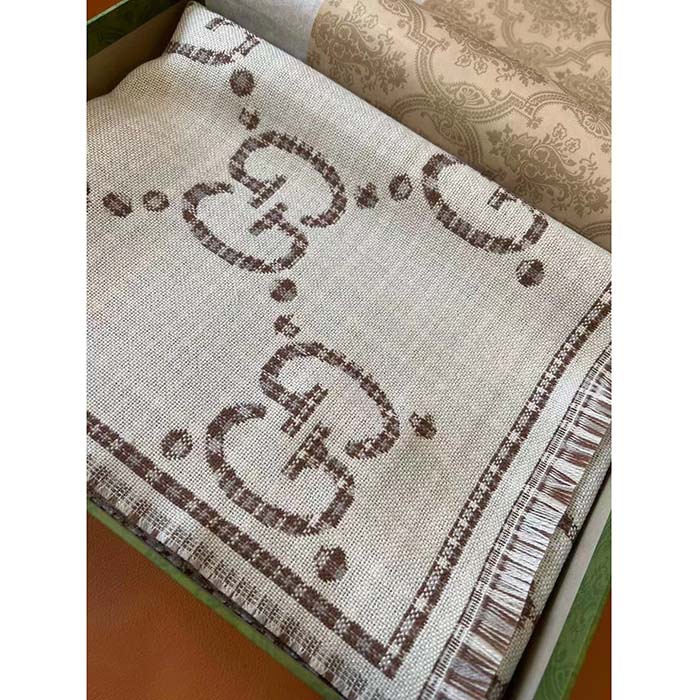 Gucci Unisex GG Wool Jacquard Scarf Ivory Beige Houndstooth Fringe Trim