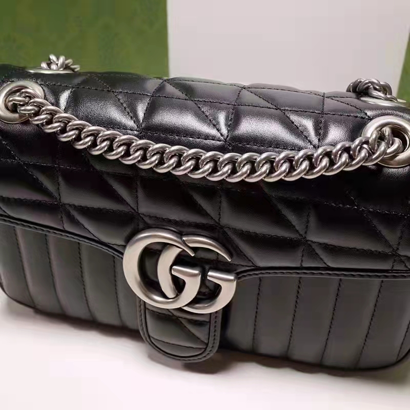 Gucci Women GG Marmont Small Shoulder Bag Black Matelassé Leather Double G