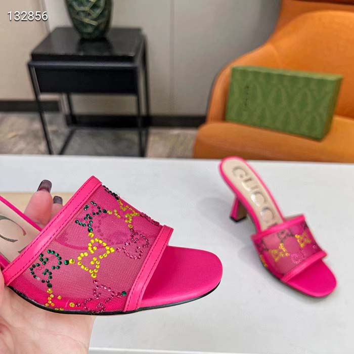 Gucci Women GG Mid Heel Slide Sandal Fuchsia GG Crystal Mesh 7.4 CM Heel