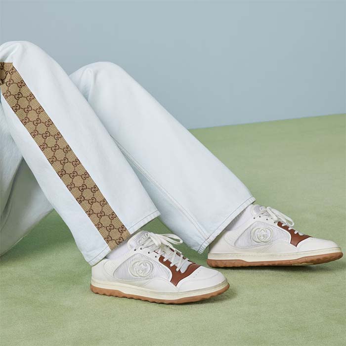 Gucci Unisex GG MAC80 Sneaker Off White Brown Leather Round Toe Rubber Flat