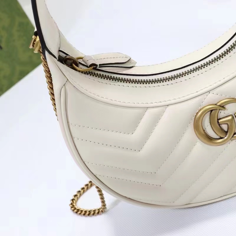 Gucci Women GG Marmont Half-Moon-Shaped Mini Bag White Matelassé Chevron