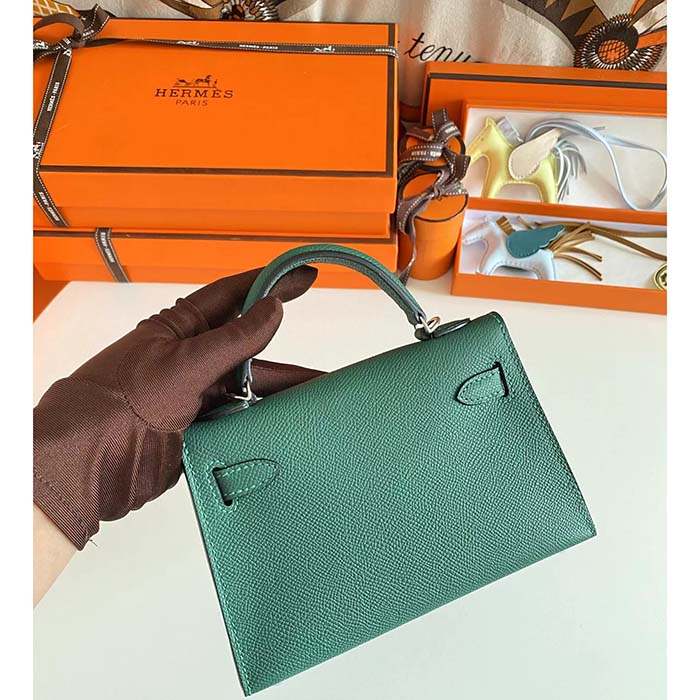 Hermes Women Mini Kelly 20 Bag Epsom Leather Silver Hardware-Green