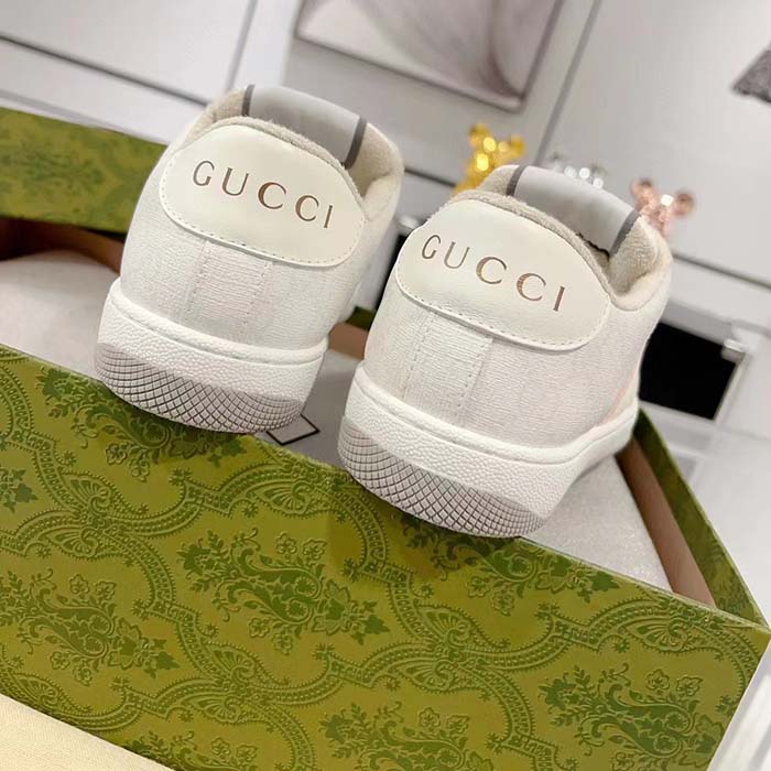 Gucci Unisex Screener Sneaker White GG Supreme Canvas Rubber Sole Lace-Up Low Heel