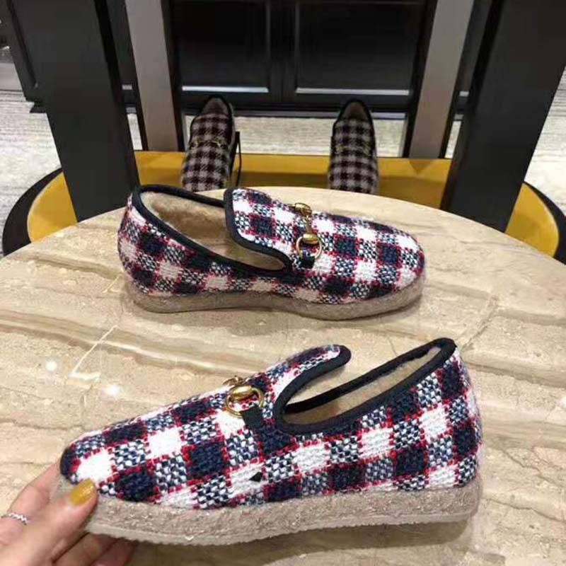 Gucci Unisex GG Check Tweed Loafer in Blue White and Red Check Tweed