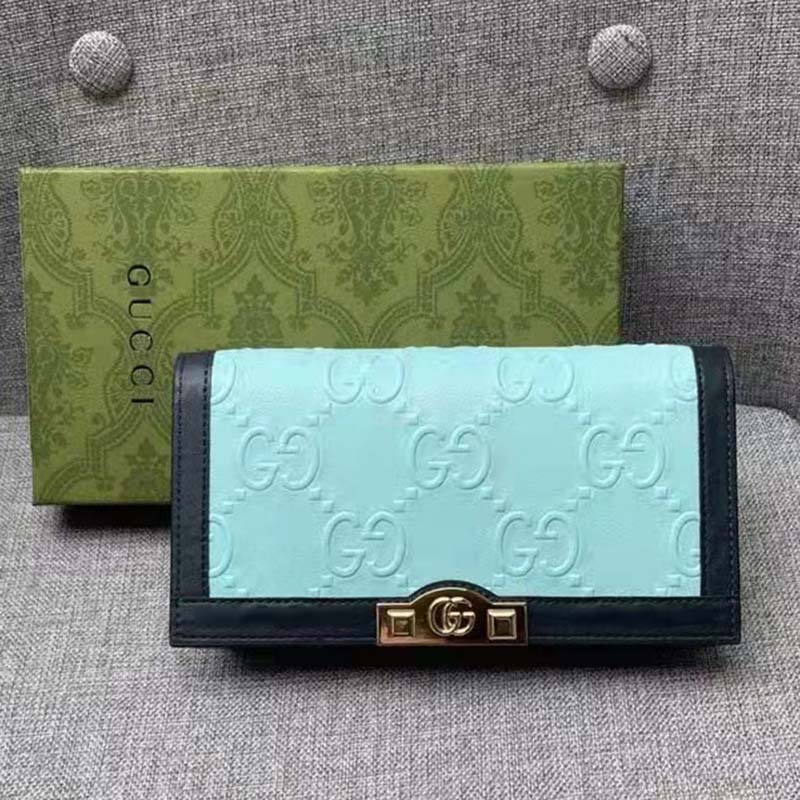 Gucci Women GG Wallet Chain Light Blue GG Leather Dark Blue Double G