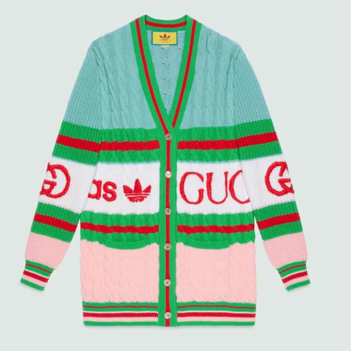 Gucci Men GG Adidas x Gucci Wool Cardigan Pink Blue Cable Stitch V-Neck