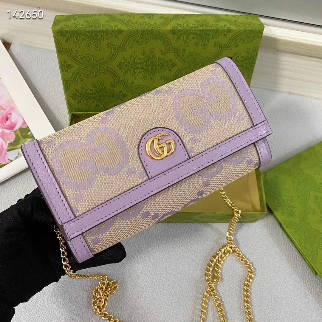 Gucci Women Ophidia Jumbo GG Continental Wallet Beige Lilac Canvas Double G