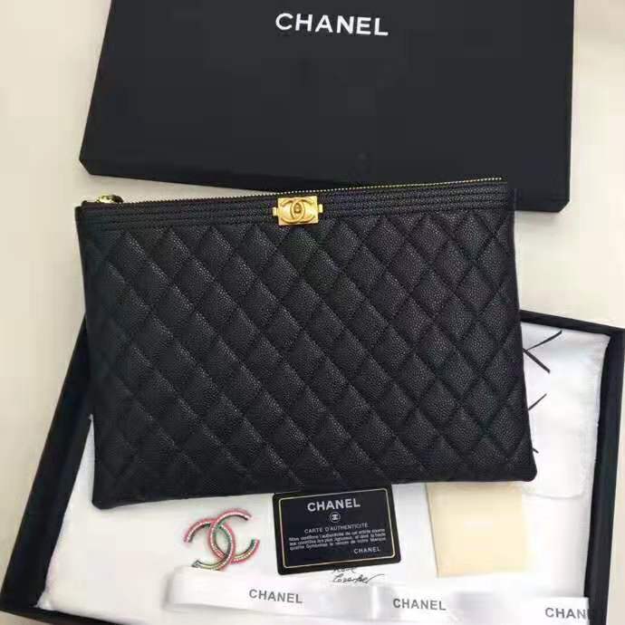 Chanel Unisex Boy Chanel Pouch in Lambskin Leather-Black