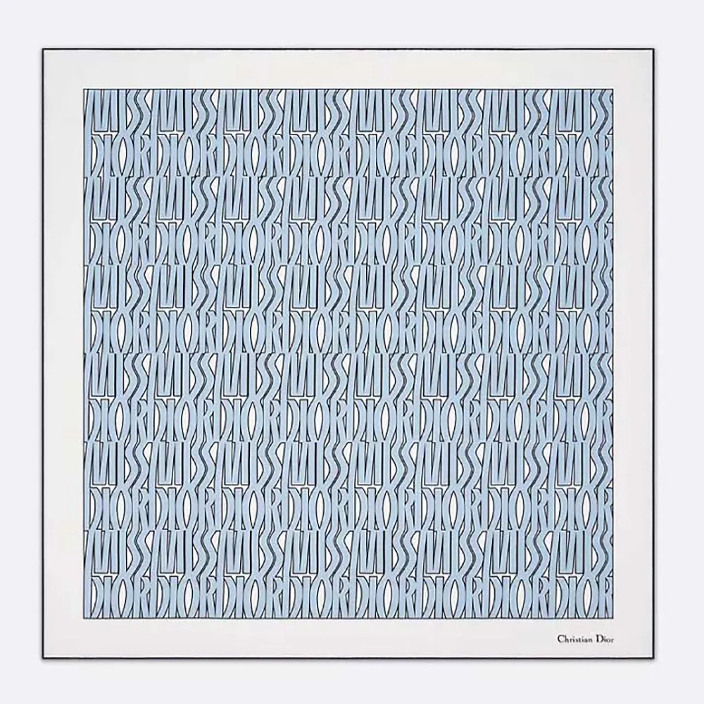 Dior Unisex Miss Dior Allover 90 Square Scarf White and Pale Blue Silk Twill