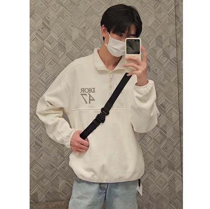 Dior Men CD Regular-Fit Sweater Stand Collar White Cotton Fleece