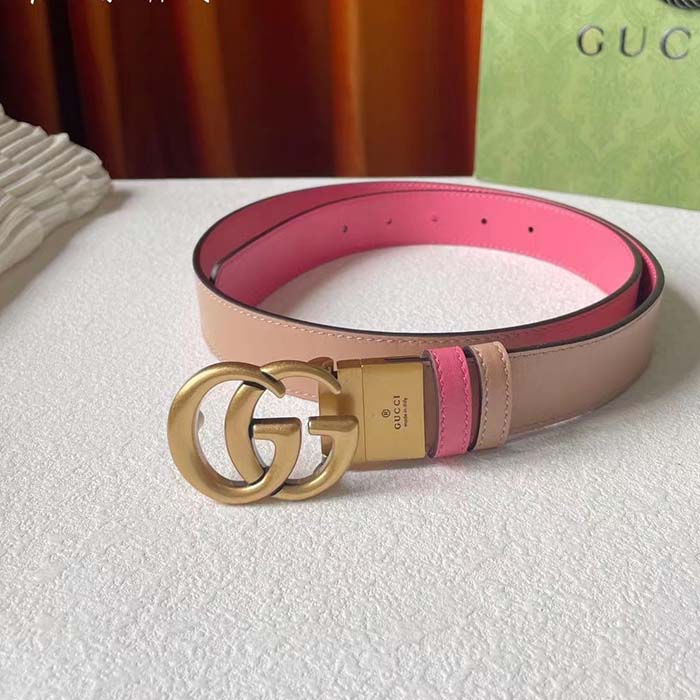 Gucci Women GG Marmont Reversible Belt Beige Pink Leather 3 CM Width Double G