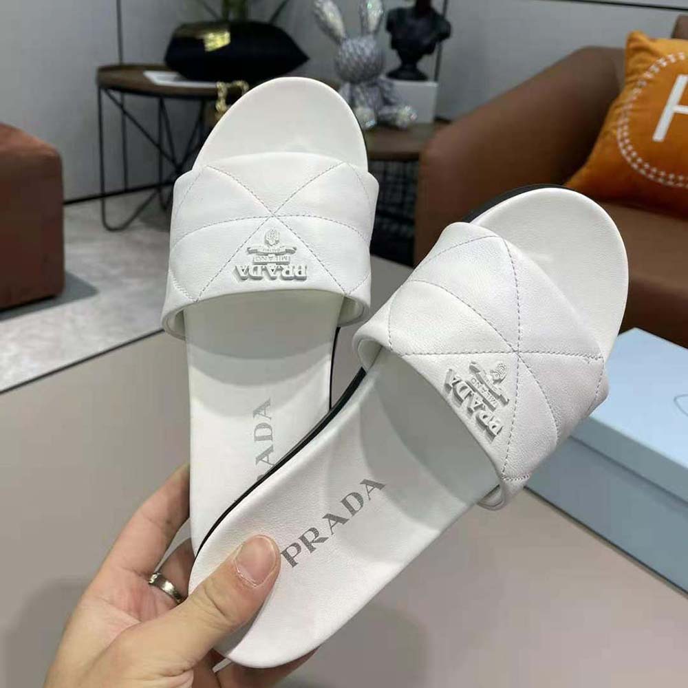 Prada Women Nappa Leather Slides in 20mm Heel-White