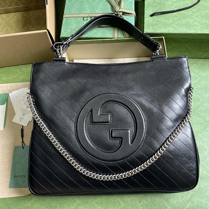 Gucci Unisex Blondie Medium Tote Bag Black Leather Round Interlocking G
