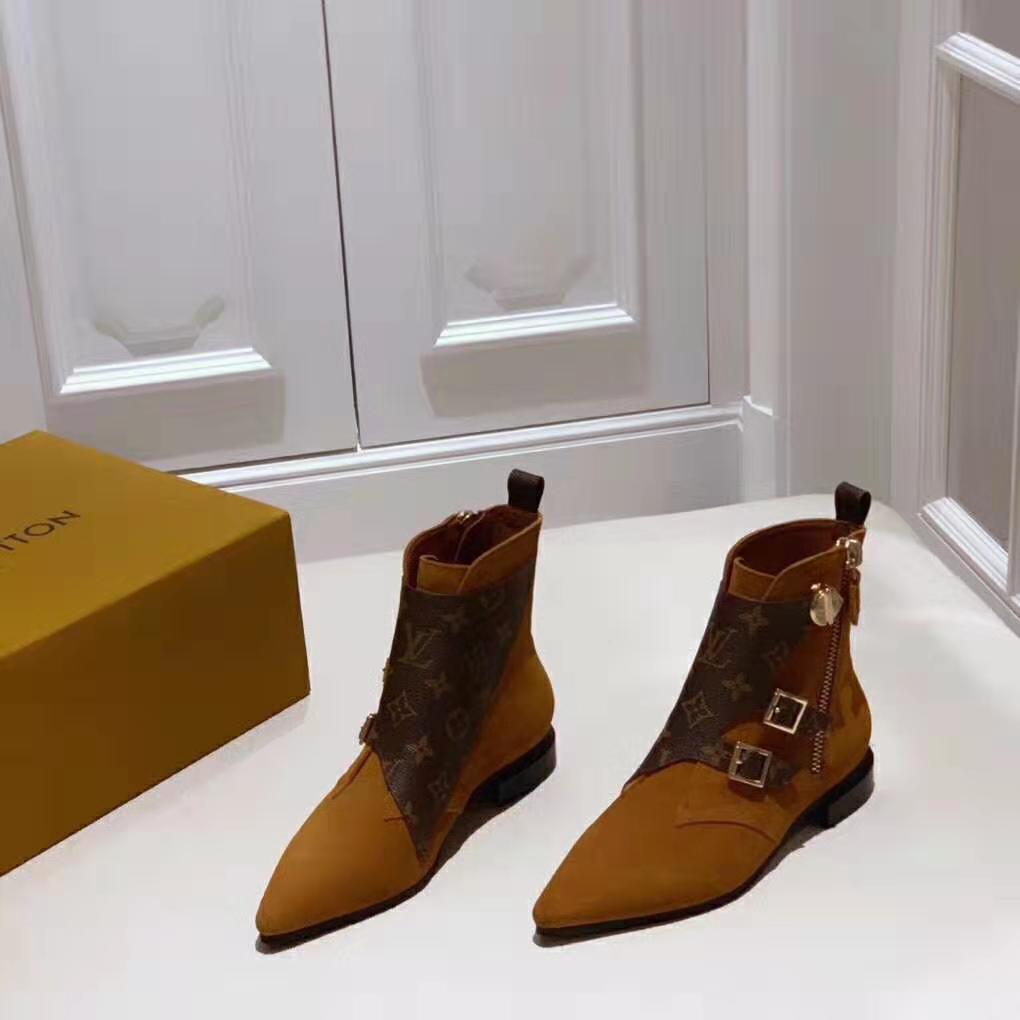 Louis Vuitton LV Women Jumble Flat Ankle Boot in Suede Calf Leather and Patent Monogram Canvas-Brown
