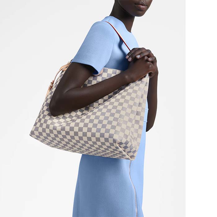 Louis Vuitton LV Unisex Graceful MM Hobo Rose Ballerine Pink Damier Azur Coated Canvas