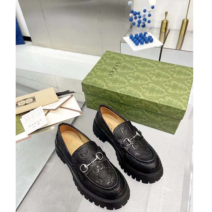 Gucci Unisex GG Lug Loafer Black GG Leather Horsebit Rubber Sole 1.5 CM Heel Height