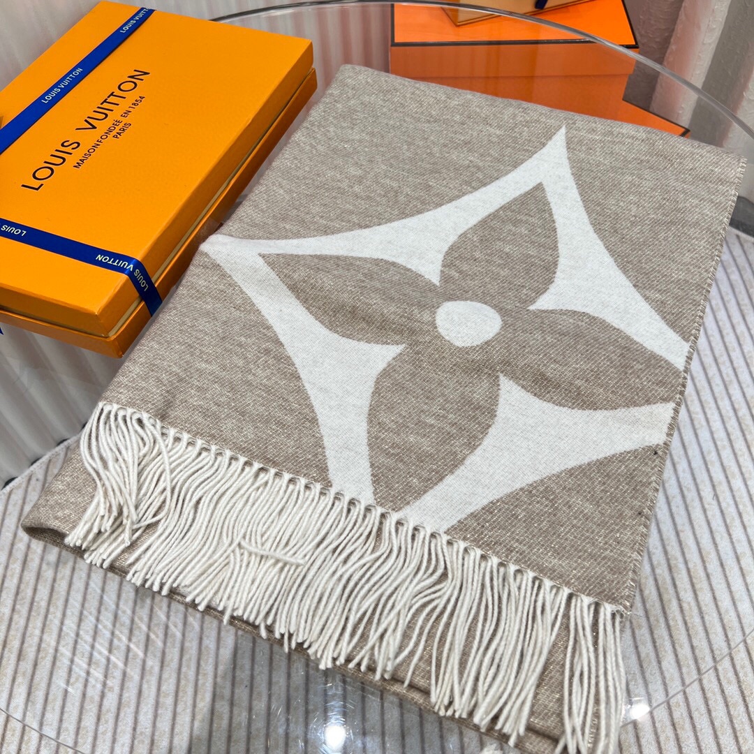 Louis Vuitton LV Unisex Ultimate Shine Scarf Beige Allover Monogram Pattern Fringe Finish