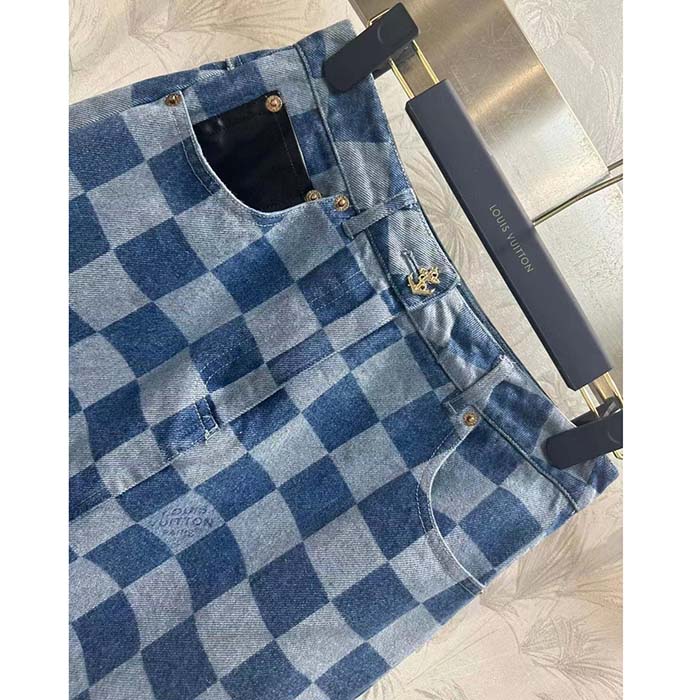 Louis Vuitton Women LV Damier Denim Skirt Cotton Blue Regular Fit 1AFGP2