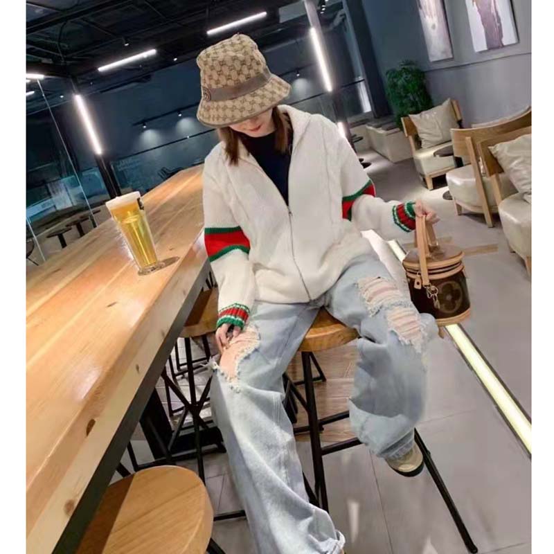 Gucci Women GG Cable Knit Bomber Jacket Off-White Cable Knit Wool