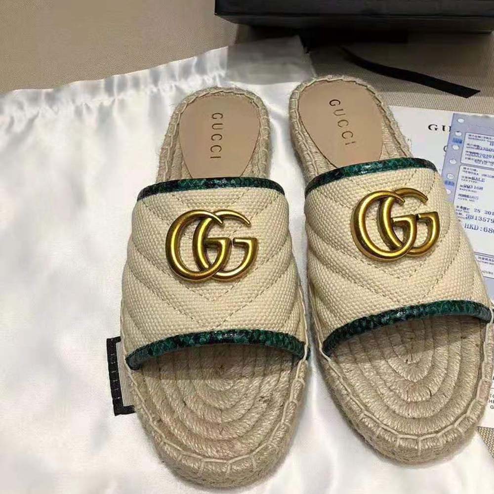 Gucci Women Online Exclusive Chevron Raffia Espadrille Slide with Double G-Sandy
