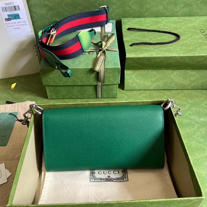Gucci Women GG Dionysus Small Shoulder Bag Green Leather Antique Silver-Toned Hardware Crystals