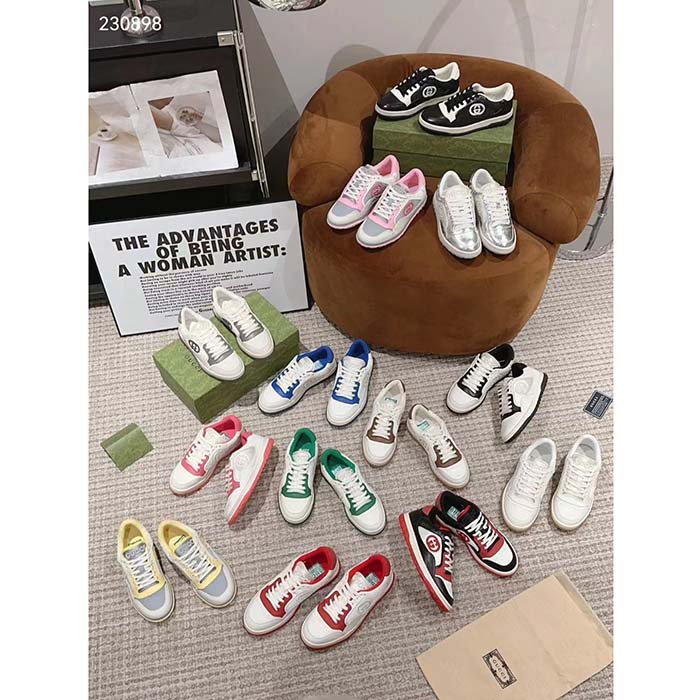 Gucci GG Unisex MAC80 Sneaker Black Red Leather White Fabric Interlocking G Embroidery Round Toe Rubber