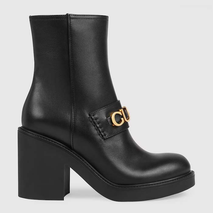 Gucci Women GG Gucci Boot Black Leather Rubber Sole Mid 8.9 CM Heel