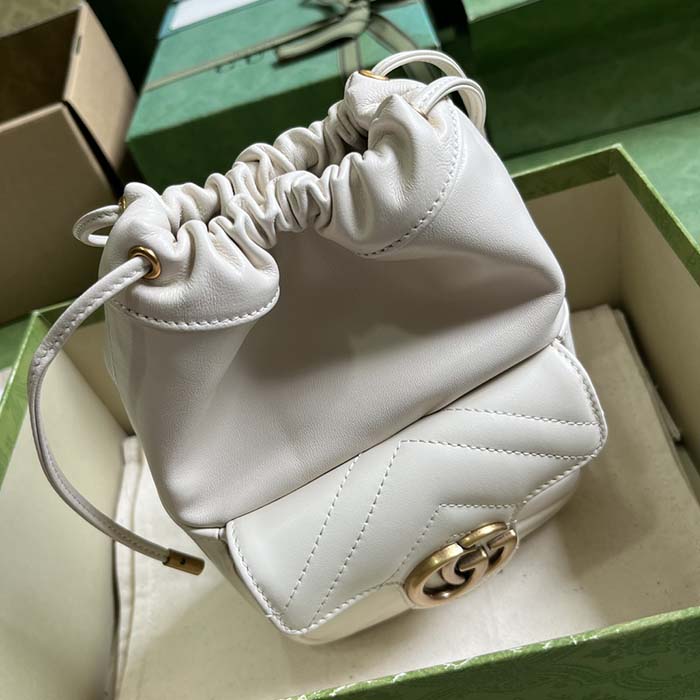 Gucci Women GG Marmont Mini Bucket Bag White Matelassé Chevron Leather Double G