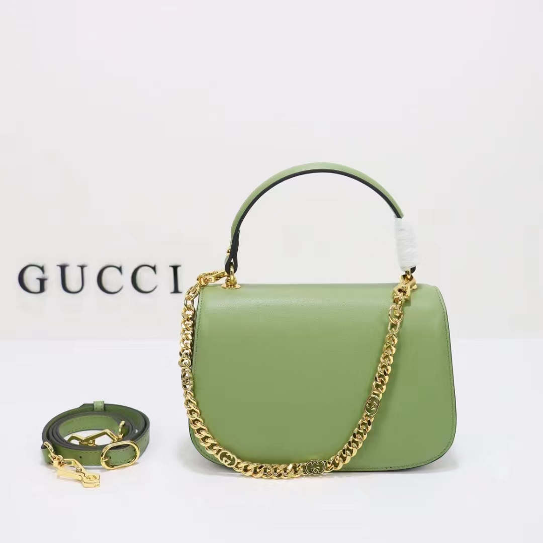 Gucci Women GG Blondie Top-Handle Bag Light Green Leather Round Interlocking G