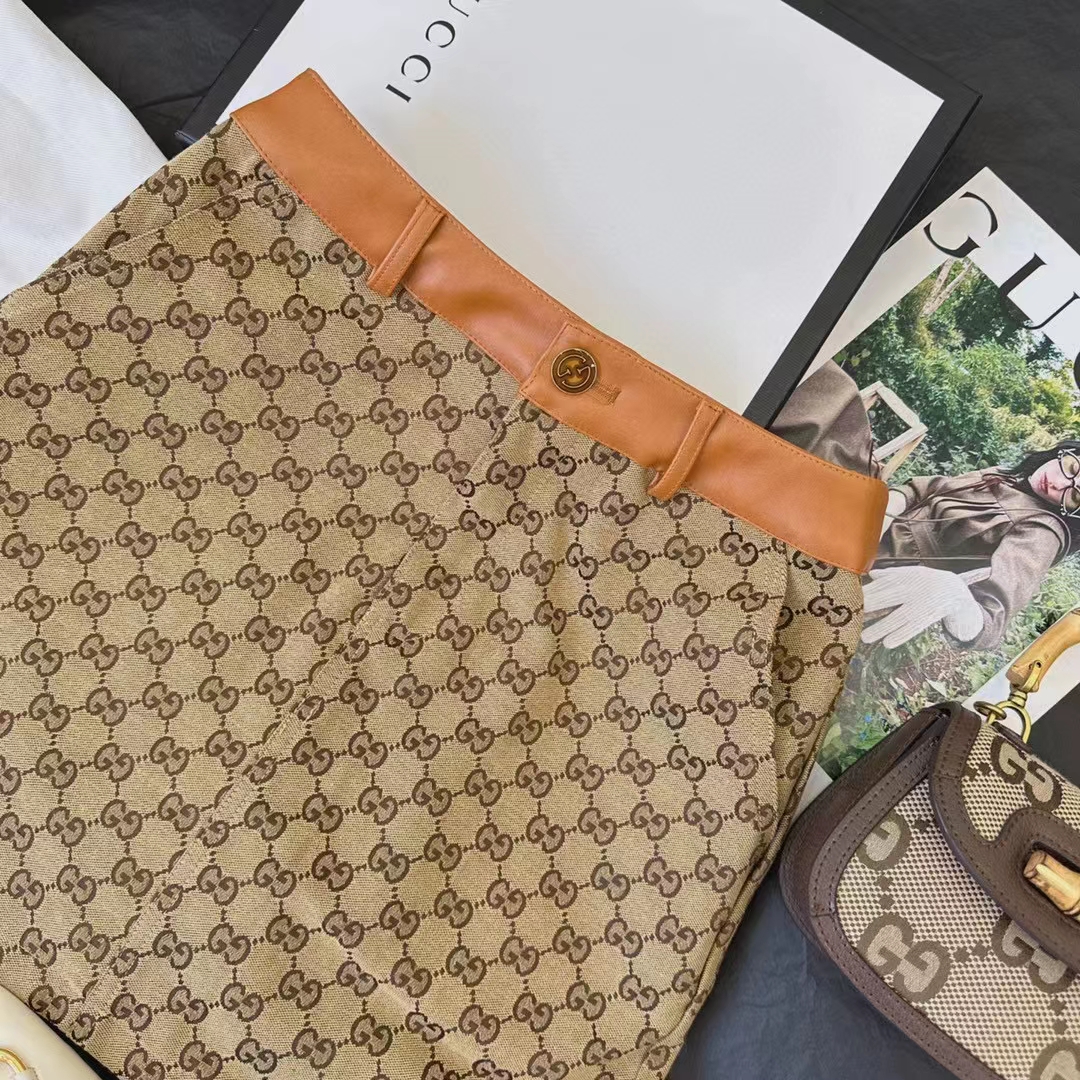 Gucci Women GG Canvas Skirt Camel Ebony Brown Leather Unlined Fitted Waistband Belt Loops