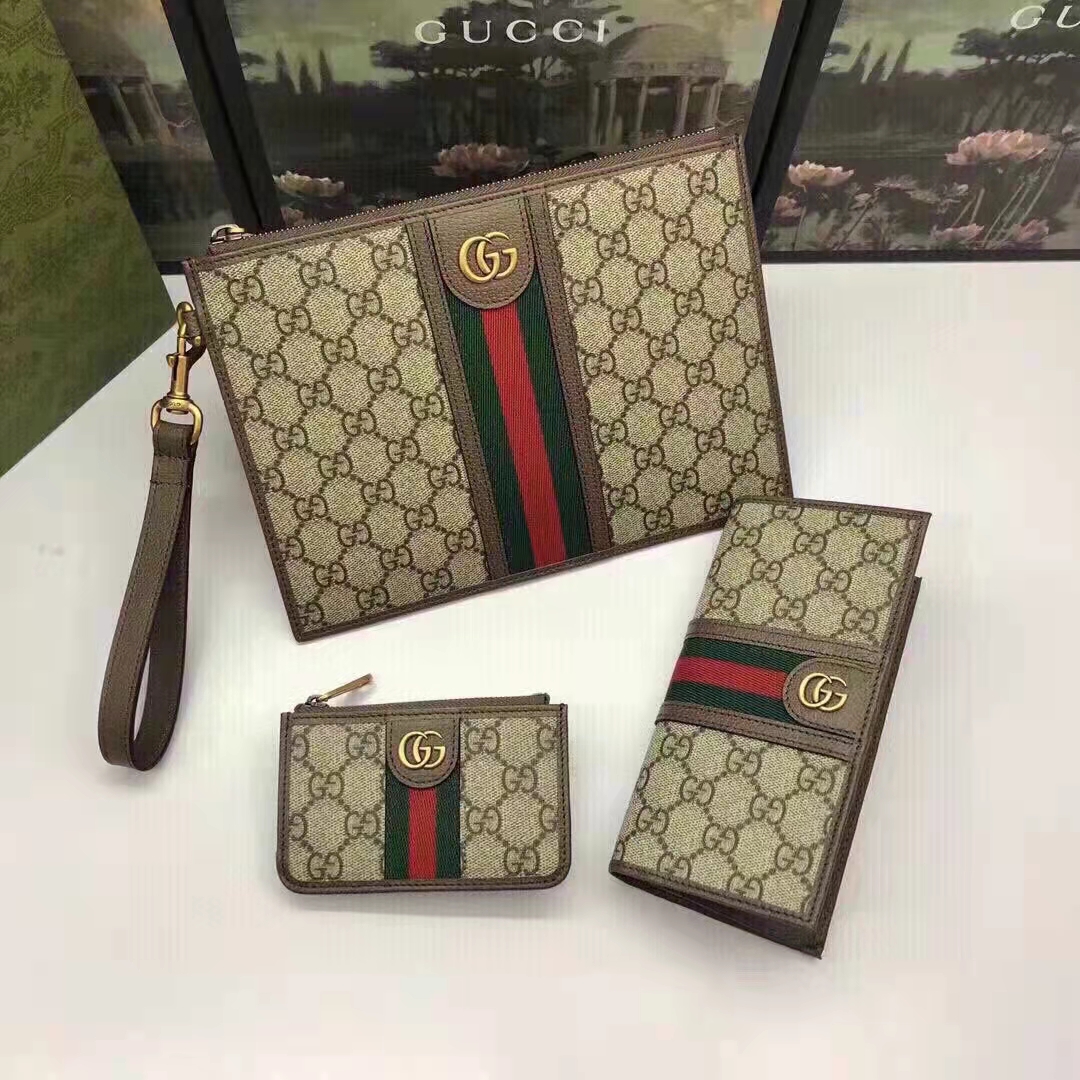 Gucci Unisex GG Ophidia Card Case Beige Ebony GG Supreme Double G