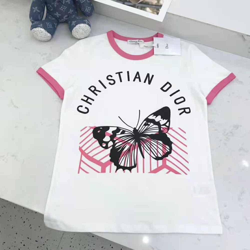 Dior Women T-shirt White Cotton Jersey with Fluorescent Pink D-Jungle Pop Motif