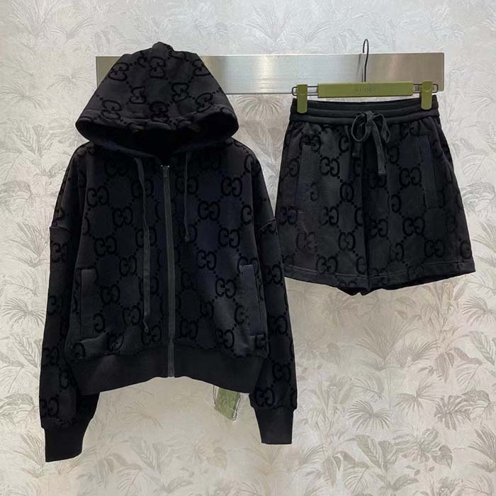 Gucci Women GG Brushed Cotton Hooded Sweatshirt Black Fixed Hood Dropped Shoulder Long Sleeves