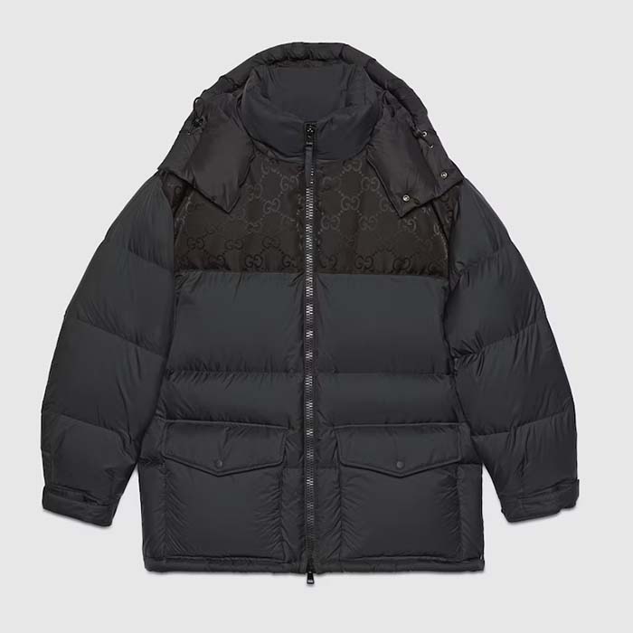 Gucci Women Nylon Down Jacket GG Iserts Black Canvas High Neck Velcro Cuffs Zip Closure