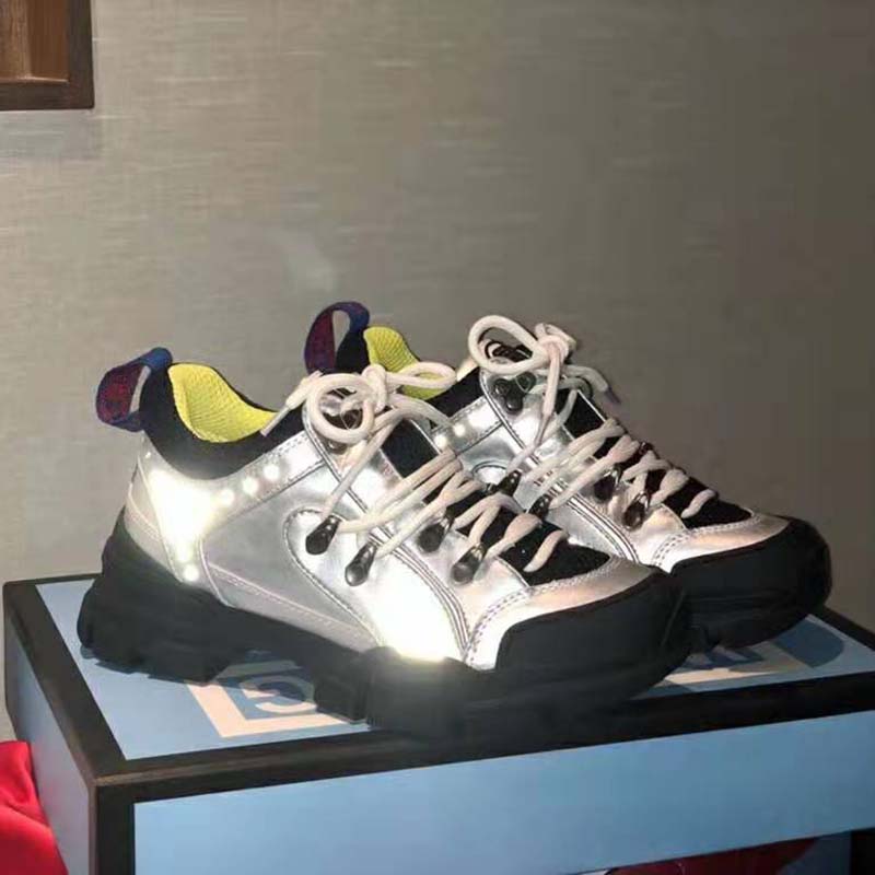 Gucci Unisex Flashtrek Sneaker with Crystals in Silver Metallic Leather 5.6 cm Heel