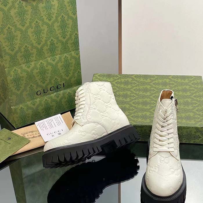Gucci Unisex GG Leather Boots White Rubber Lug Sole Lace-Up Interlocking G Flats