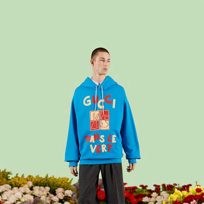 Gucci Men GG Cotton Jersey Sweatshirt Turquoise Felted Cotton Jersey Long Sleeves