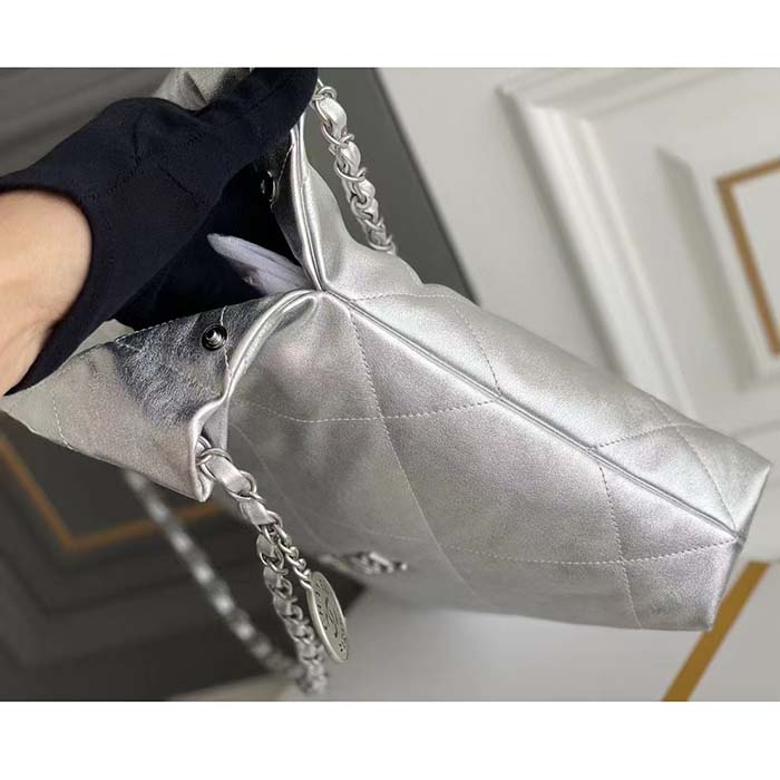 Chanel Women CC 22 Handbag Metallic Calfskin Silver-Tone Metal Silver