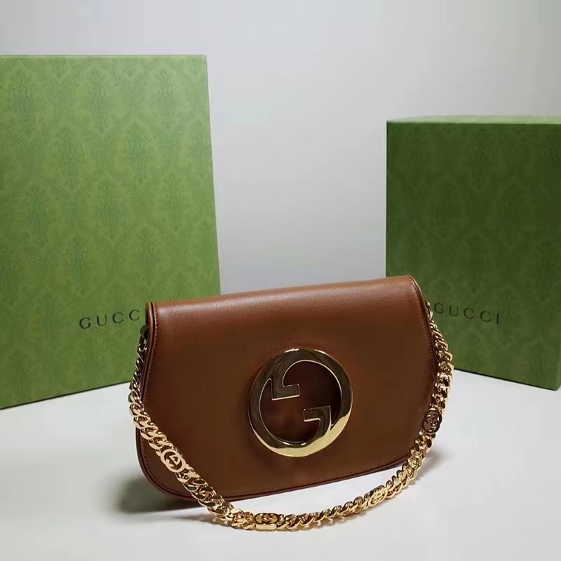 Gucci Women GG Blondie Shoulder Bag Brown Leather Round Interlocking G